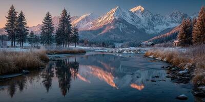 Snow-covered mountains reflect in a calm river during twilight hours in a serene winter landscape photo