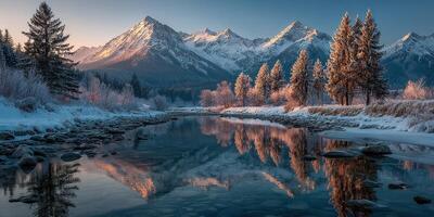 Majestic mountains reflect on tranquil river at sunrise in winter wonderland photo