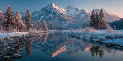 Snowy mountains reflect in a serene river at dawn in a quiet winter landscape photo