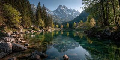 Scenic mountain reflection in a tranquil lake surrounded by lush trees during a bright sunny day in early spring photo