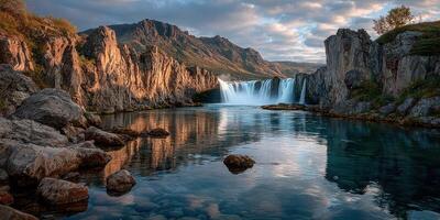 Majestic waterfall cascades into tranquil lake surrounded by rugged cliffs at sunset in stunning landscape photo