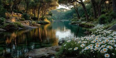 Serene riverbank with blooming daisies and sunlit trees during golden hour in a tranquil forest setting photo