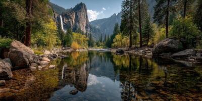 Breathtaking view of a serene lake surrounded by mountains and tall trees during midday in a national park photo