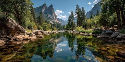 Majestic mountain vista reflecting in tranquil lake surrounded by lush greenery on a sunny day photo