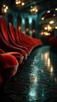 Elegant red chairs line the aisle of a grand hall under soft chandelier lights in the evening photo