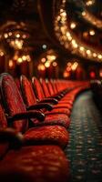 Empty theater seats await an evening performance in a historic venue adorned with elegant chandeliers photo
