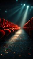 filas de rojo teatro asientos iluminado por un destacar en un atenuado actuación lugar de eventos durante un noche espectáculo foto