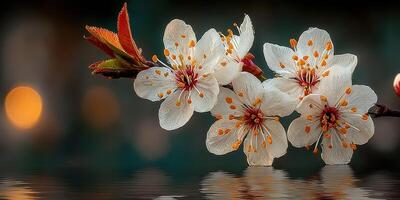 Blooming white flowers reflect on calm water surface during a serene spring evening in a tranquil garden setting photo