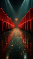 brillantemente iluminado teatro pasillo con rojo asientos reflejando reluciente luces durante un noche actuación foto