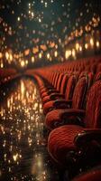 Elegant red chairs in a theater with soft glowing lights during an evening performance photo