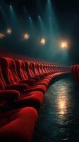 Seating arrangement in an empty theater illuminated by soft light creates a captivating atmosphere photo