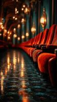 Elegant red velvet chairs line a beautifully lit corridor in a historic venue during evening hours photo