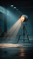 Vintage spotlights illuminate a deserted warehouse, creating a dramatic atmosphere in the dimly lit space photo