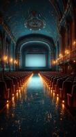 Elegant vintage theater with glowing aisle lights and an awaiting screen ready for a cinematic experience photo