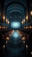 Elegant vintage theater interior with plush seats and ambiance lights design in a charming historic setting photo
