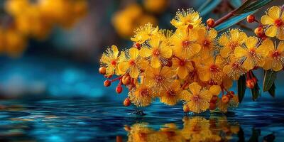 Bright yellow flowers reflected in calm water create a serene natural setting during a peaceful afternoon photo