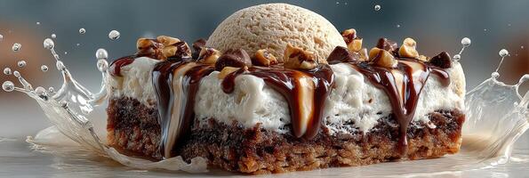 Delicious dessert with ice cream, chocolate sauce, and nuts on a splashing background photo