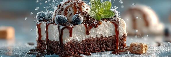 Delicious dessert featuring chocolate cake with creamy frosting, topped with ice cream and fresh berries on a blue background photo