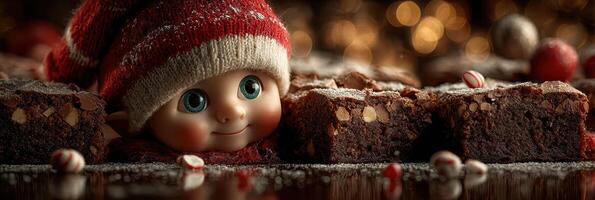 Childlike doll with bright eyes rests beside freshly baked brownies during festive season photo