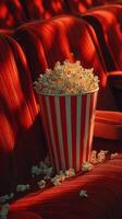 Bucket of popcorn sits in empty red theater seats at a quiet cinema during a film screening photo