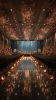 Elegant event hall adorned with twinkling lights and candles for a festive celebration in the evening photo