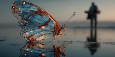 Butterfly glimmers under soft light with a distant figure in a serene setting at twilight photo