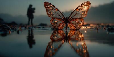 Sunrise reflection of a butterfly with a photographer capturing nature at the riverside photo