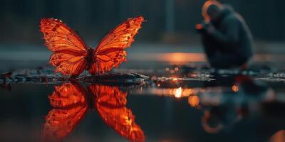 Butterfly perched on water while a photographer focuses on capturing nature at dawn photo