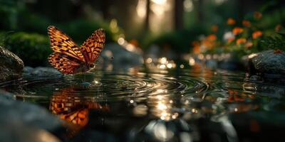 Butterfly resting on water surface in a serene garden at sunset surrounded by flowers and stones photo