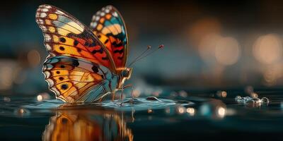 Colorful butterfly perched on water with sparkling reflections during sunset photo
