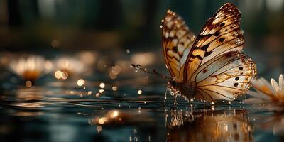 Butterfly resting on water among blooming lilies during a serene sunrise in a tranquil natural setting photo