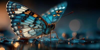 Colorful butterfly resting on water droplets in a tranquil garden during early morning light photo