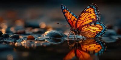 Beautiful butterfly resting near water with shimmering reflections at dusk photo