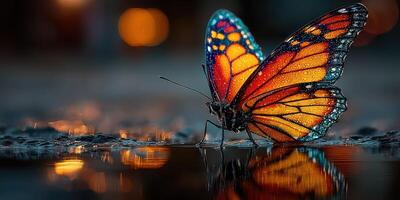 Monarch butterfly resting on wet ground with blurred lights in the background during twilight photo