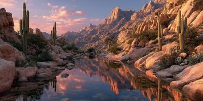 Serene reflection of mountains and cacti along a tranquil river at sunset in a desert landscape photo