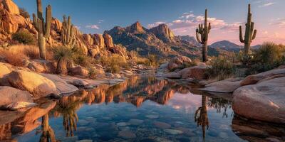Beautiful desert landscape with cacti and rocky mountains under golden sunset in a tranquil setting photo
