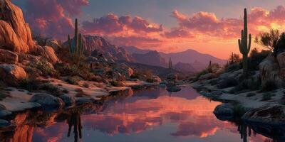 Sunset reflections over a serene desert landscape with cacti and mountains at dusk photo