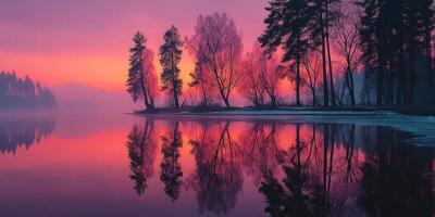 Sunrise over a tranquil lake with misty reflections and colorful skies photo