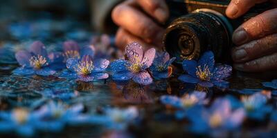 Hands hold a camera over purple flowers with water droplets in a serene outdoor setting during early morning light photo