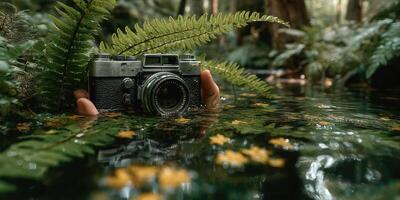 Camera submerged in serene forest waters surrounded by ferns and colorful leaves during a tranquil afternoon photo