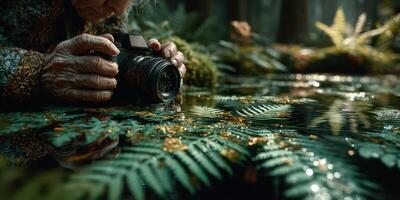 Elderly woman capturing nature's beauty through a camera in a serene forest setting amidst lush greenery photo