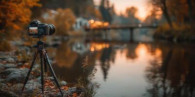 Golden hour landscape photography at a tranquil river with a camera on a tripod and serene reflections photo