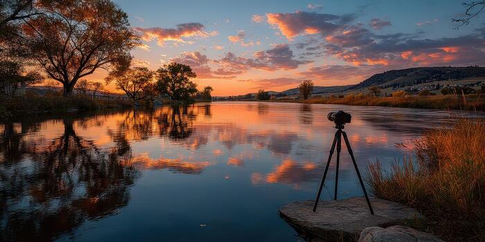 Dramatic sunset over a tranquil river with a camera on a tripod prepared for capturing the moment photo