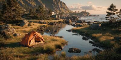 Tranquil campsite by the river at sunrise with mountains and rocky shoreline in the background photo