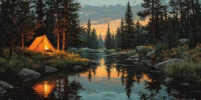 Camping by a serene river at sunset in a tranquil forest setting photo