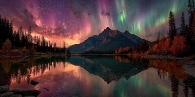 Majestic northern lights illuminate the sky above a tranquil mountain lake at dusk photo