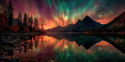 Northern lights illuminate mountains and lake at twilight in a breathtaking natural display photo
