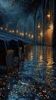 Elegant theater interior with shimmering reflections and twinkling lights at night photo