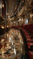 Elegant hallway adorned with Christmas decorations and glowing lights during festive celebration in a luxurious venue photo