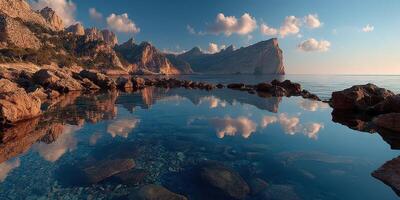 Tranquil shoreline with rocky formations and reflections at sunset near coastal cliffs photo
